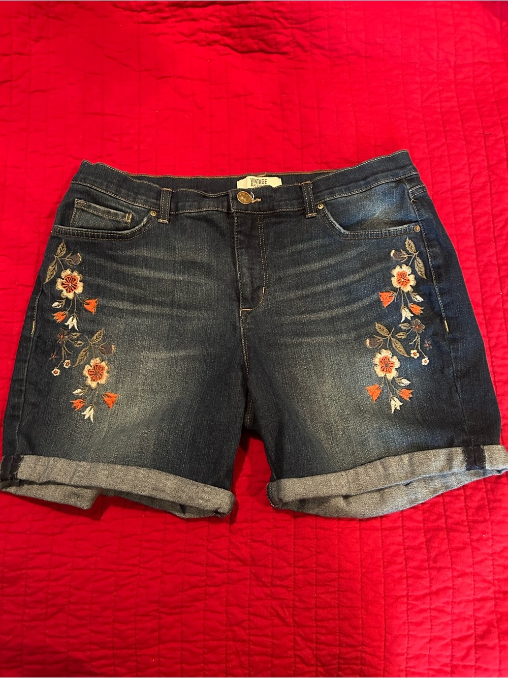 Vintage America Dark Blue Denim Shorts with Orange & Cream Floral Embroidery